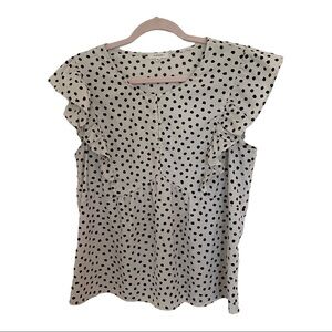 Pleione Ruffle Sleeveless Blouse – White with Black Dots – Size Medium